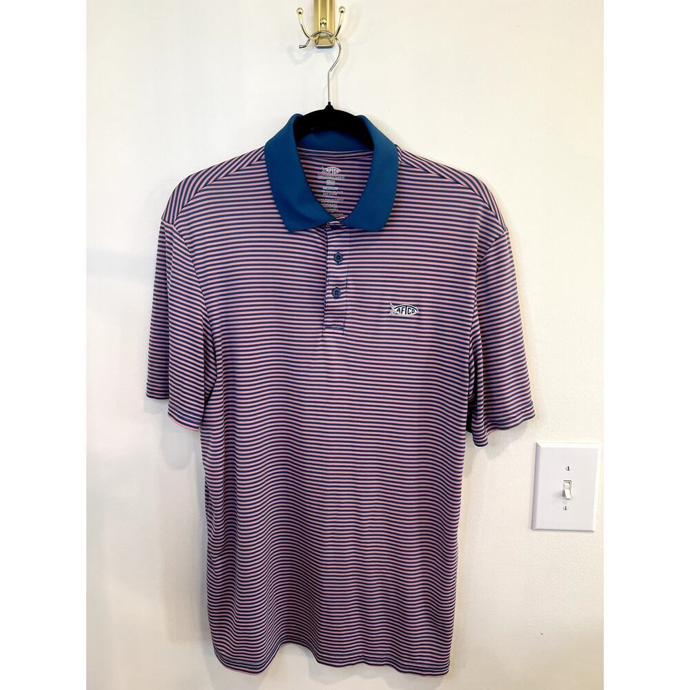 AFTCO American Fishing Tackle Co Pink Blue Striped Polo Shirt Men’s Medium